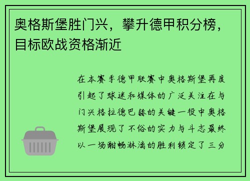 奥格斯堡胜门兴，攀升德甲积分榜，目标欧战资格渐近