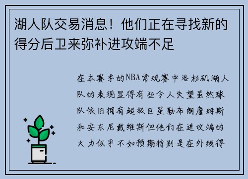 湖人队交易消息！他们正在寻找新的得分后卫来弥补进攻端不足
