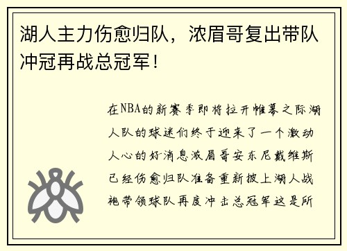 湖人主力伤愈归队，浓眉哥复出带队冲冠再战总冠军！