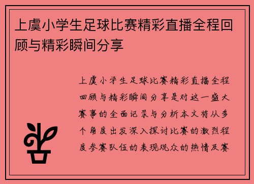 上虞小学生足球比赛精彩直播全程回顾与精彩瞬间分享